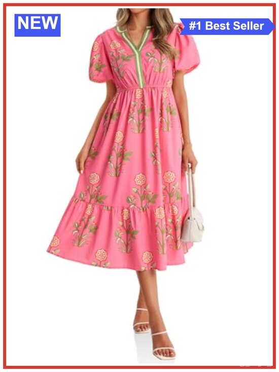 Dresses & Skirts - Womens Floral Print Maxi Dress V Neck Puff Short Sleeve Boho Beach Casual A-Line